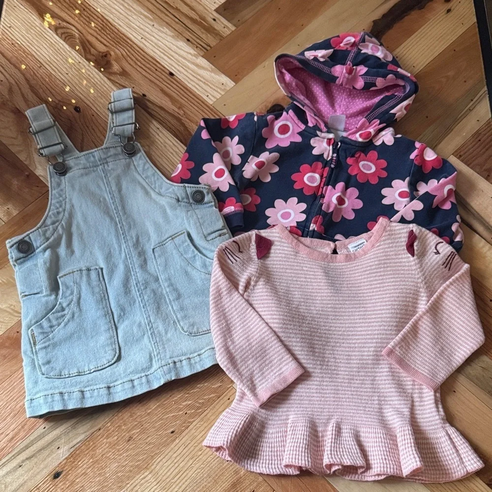 Floral Hoodie, Denim Overalls, and Pink Sweater Set